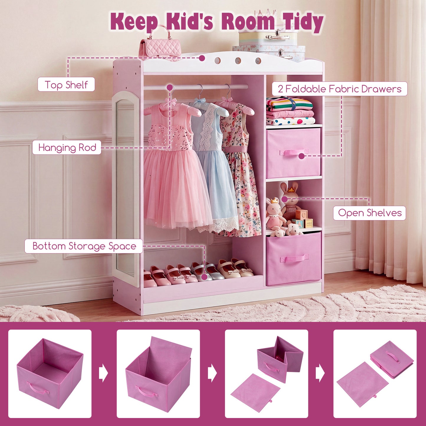 Costway Kindergarderobe met Spiegel Kinder Kledingkast van Hout met Open Planken Kledingstang en Opvouwbare Stoffen Lades Roze