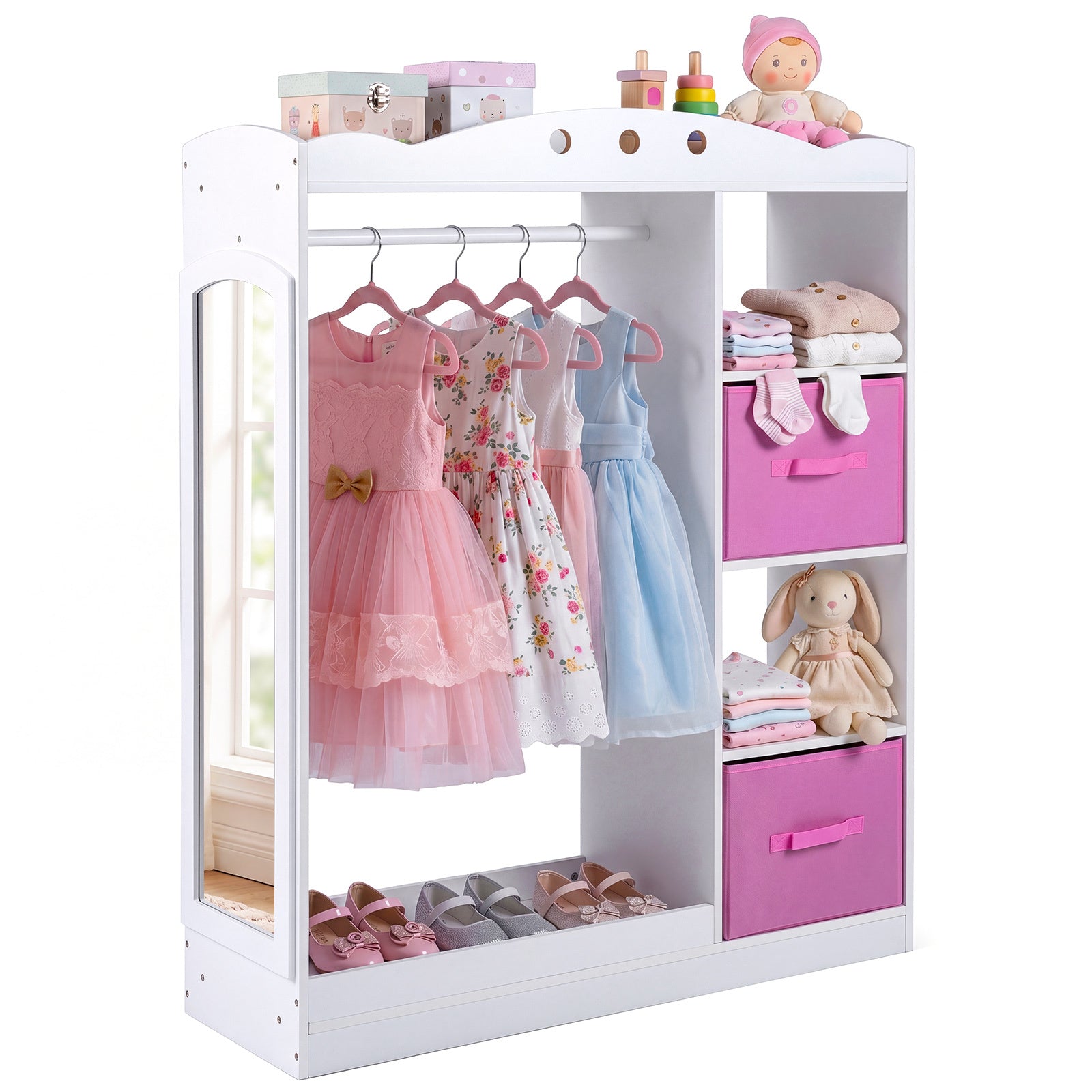 Costway Kindergarderobe met Spiegel Kinder Kledingkast van Hout met Open Planken Kledingstang en Opvouwbare Stoffen Lades Wit