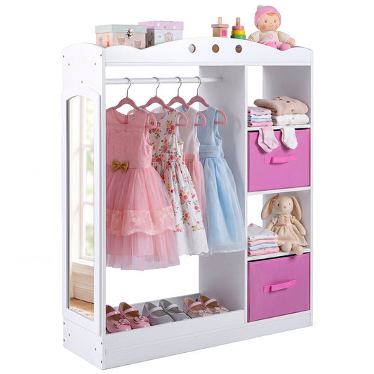 Costway Kindergarderobe met Spiegel Kinder Kledingkast van Hout met Open Planken Kledingstang en Opvouwbare Stoffen Lades Wit