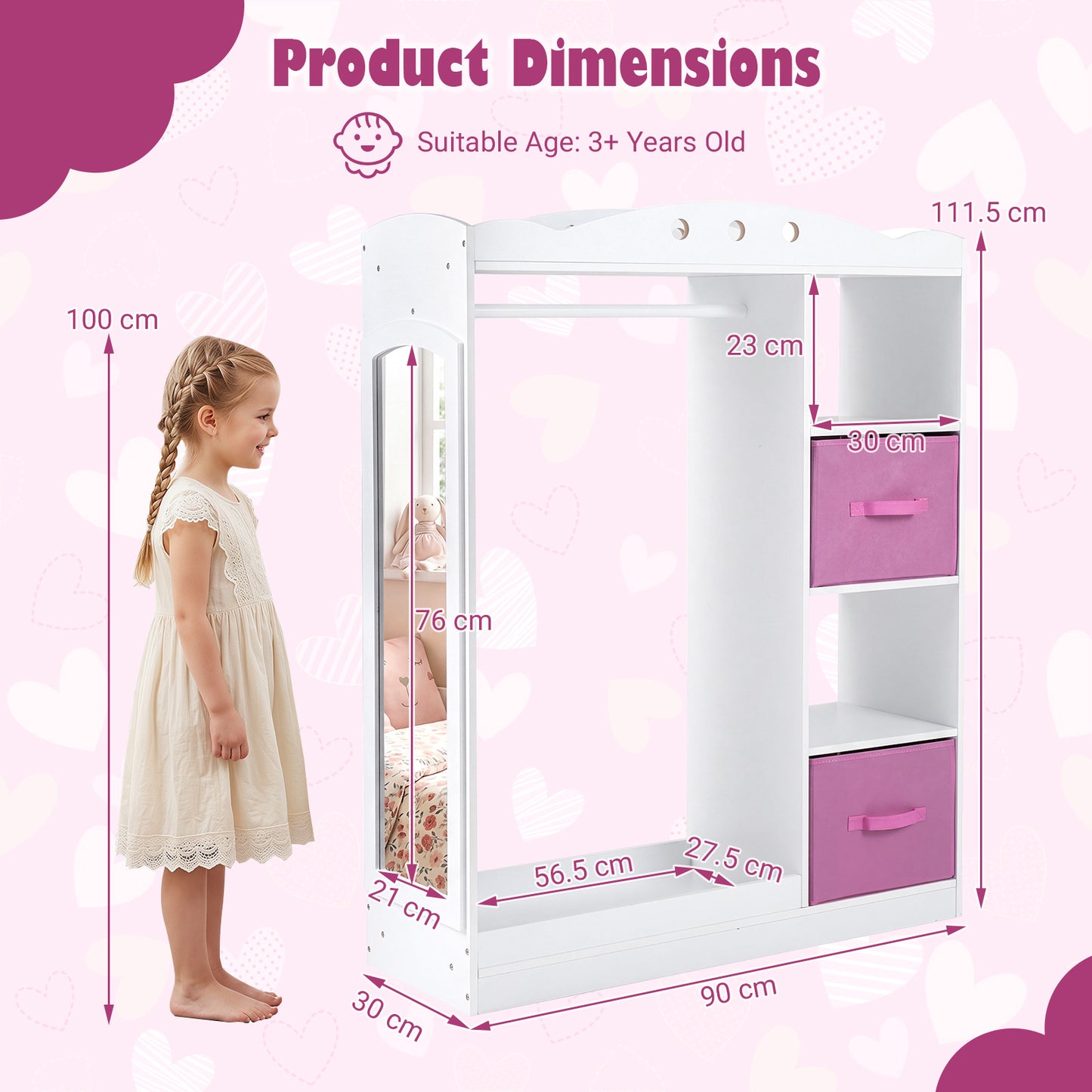 Costway Kindergarderobe met Spiegel Kinder Kledingkast van Hout met Open Planken Kledingstang en Opvouwbare Stoffen Lades Wit