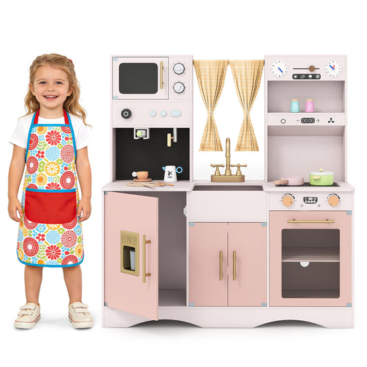 Costway Kinderkeuken met Kookspullen Houten Speelkeuken met Magnetron 92 x 35 x 90 cm voor Kinderen vanaf 3 Jaar Roze