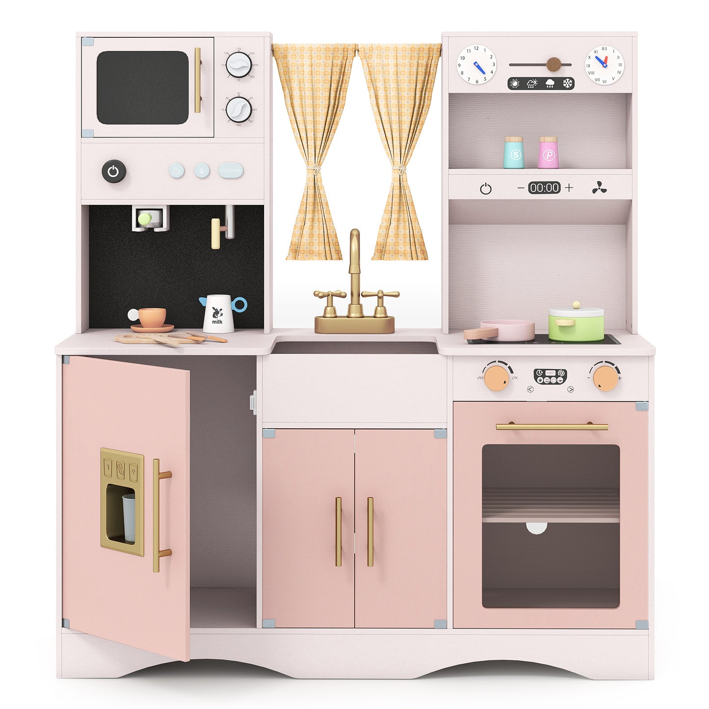 Costway Kinderkeuken met Kookspullen Houten Speelkeuken met Magnetron 92 x 35 x 90 cm voor Kinderen vanaf 3 Jaar Roze