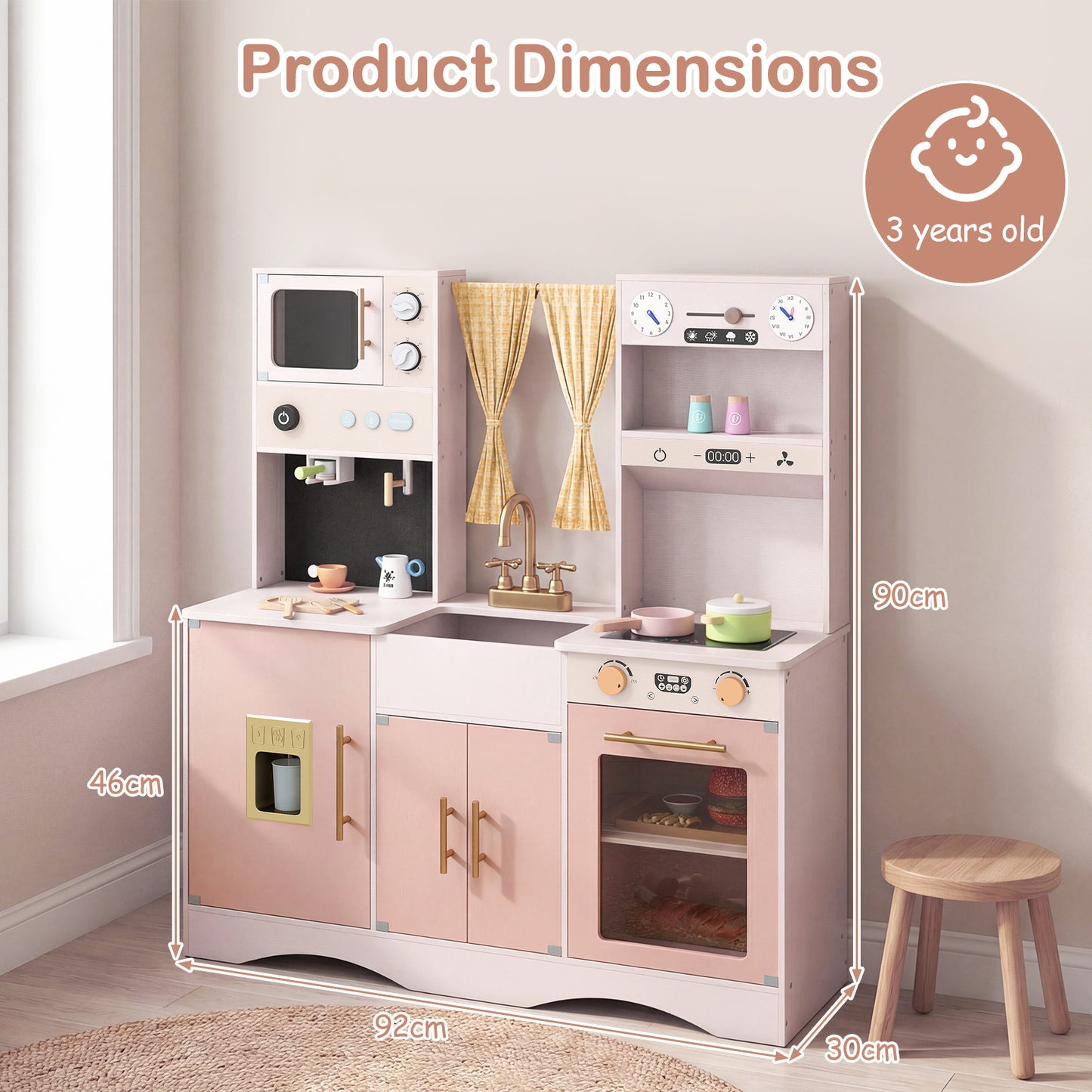 Costway Kinderkeuken met Kookspullen Houten Speelkeuken met Magnetron 92 x 35 x 90 cm voor Kinderen vanaf 3 Jaar Roze