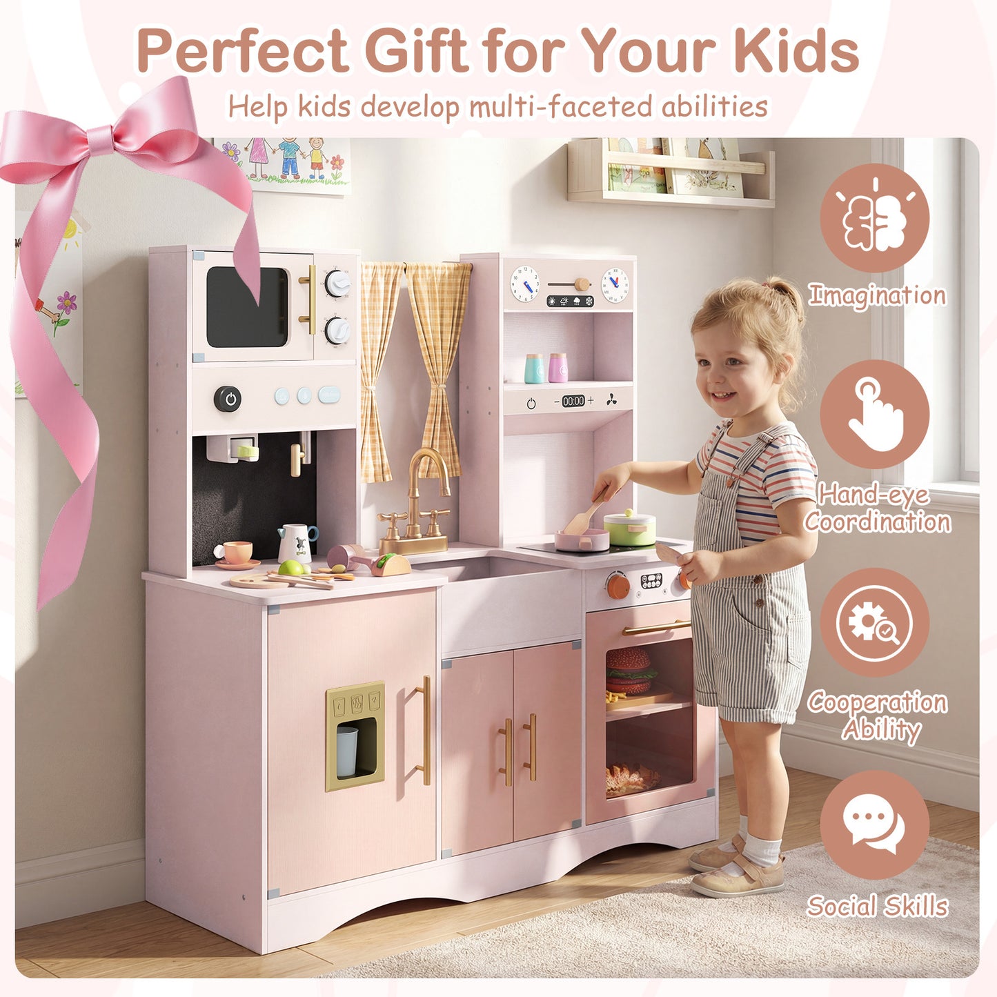 Costway Kinderkeuken met Kookspullen Houten Speelkeuken met Magnetron 92 x 35 x 90 cm voor Kinderen vanaf 3 Jaar Roze