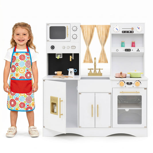 Costway Kinderkeuken met Kookspullen Houten Speelkeuken met Magnetron 92 x 35 x 90 cm voor Kinderen vanaf 3 Jaar Wit