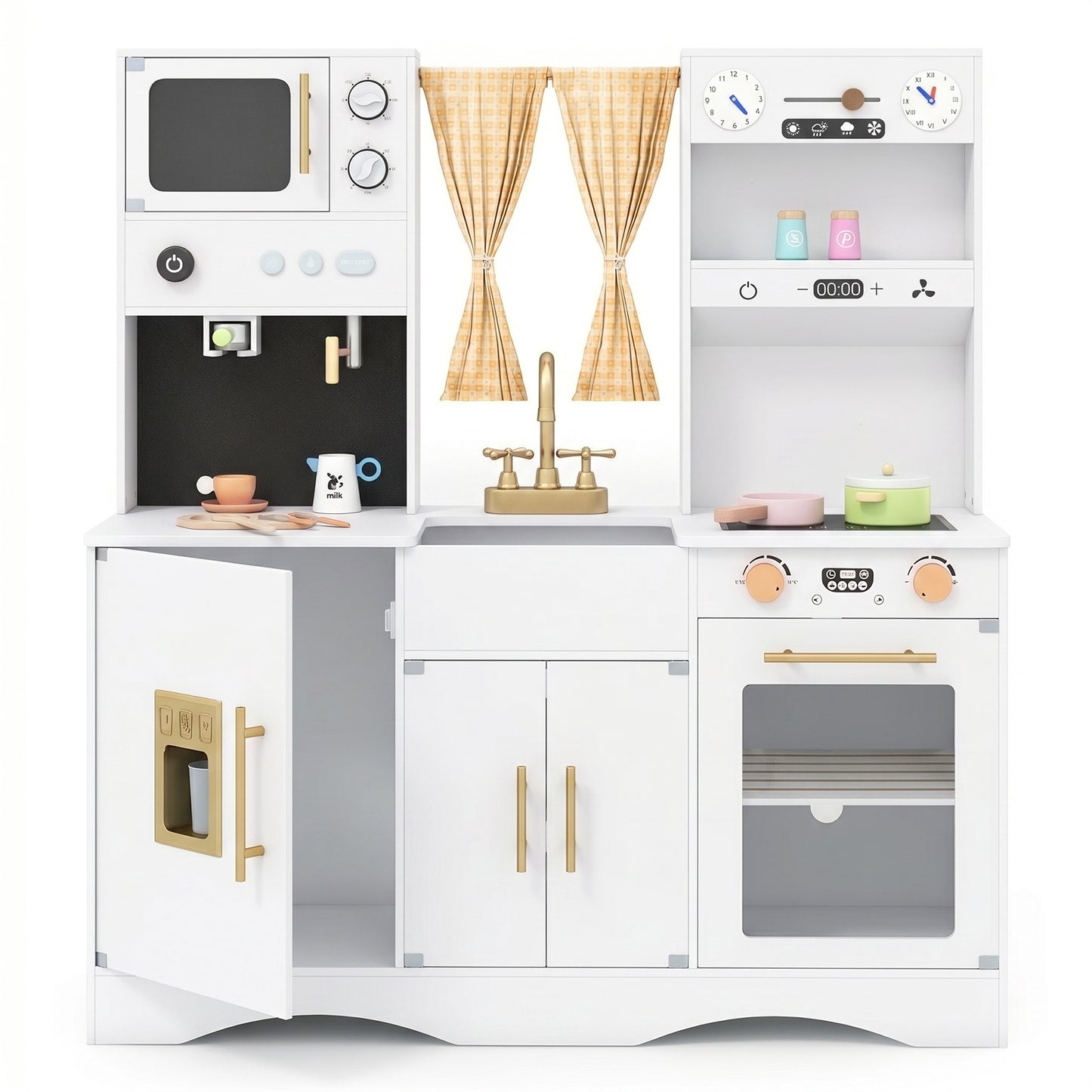 Costway Kinderkeuken met Kookspullen Houten Speelkeuken met Magnetron 92 x 35 x 90 cm voor Kinderen vanaf 3 Jaar Wit