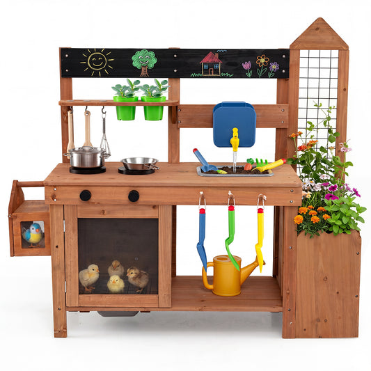 Costway Kindermatskeuken Outdoor Speelkeuken van hout Kookspeelkeuken voor Kinderen vanaf 3 Jaar