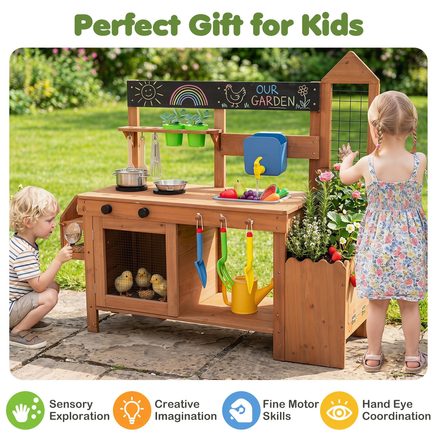 Costway Kindermatskeuken Outdoor Speelkeuken van hout Kookspeelkeuken voor Kinderen vanaf 3 Jaar