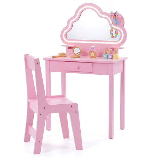 Costway Kinderschminktafel met Verlichting Kaptafel met Stoel Wolkenspiegel 3 Sieradenhaken Lade Planken Roze