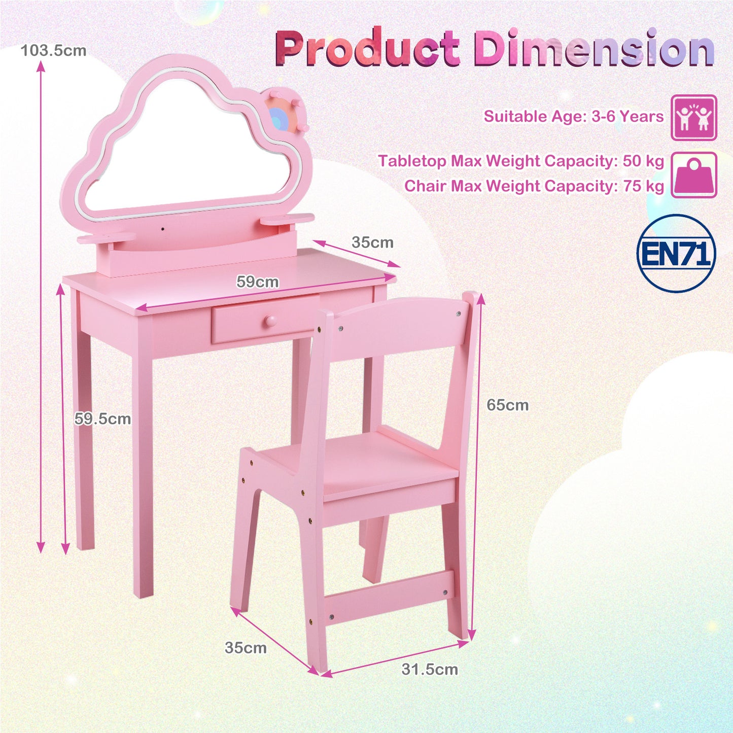 Costway Kinderschminktafel met Verlichting Kaptafel met Stoel Wolkenspiegel 3 Sieradenhaken Lade Planken Roze
