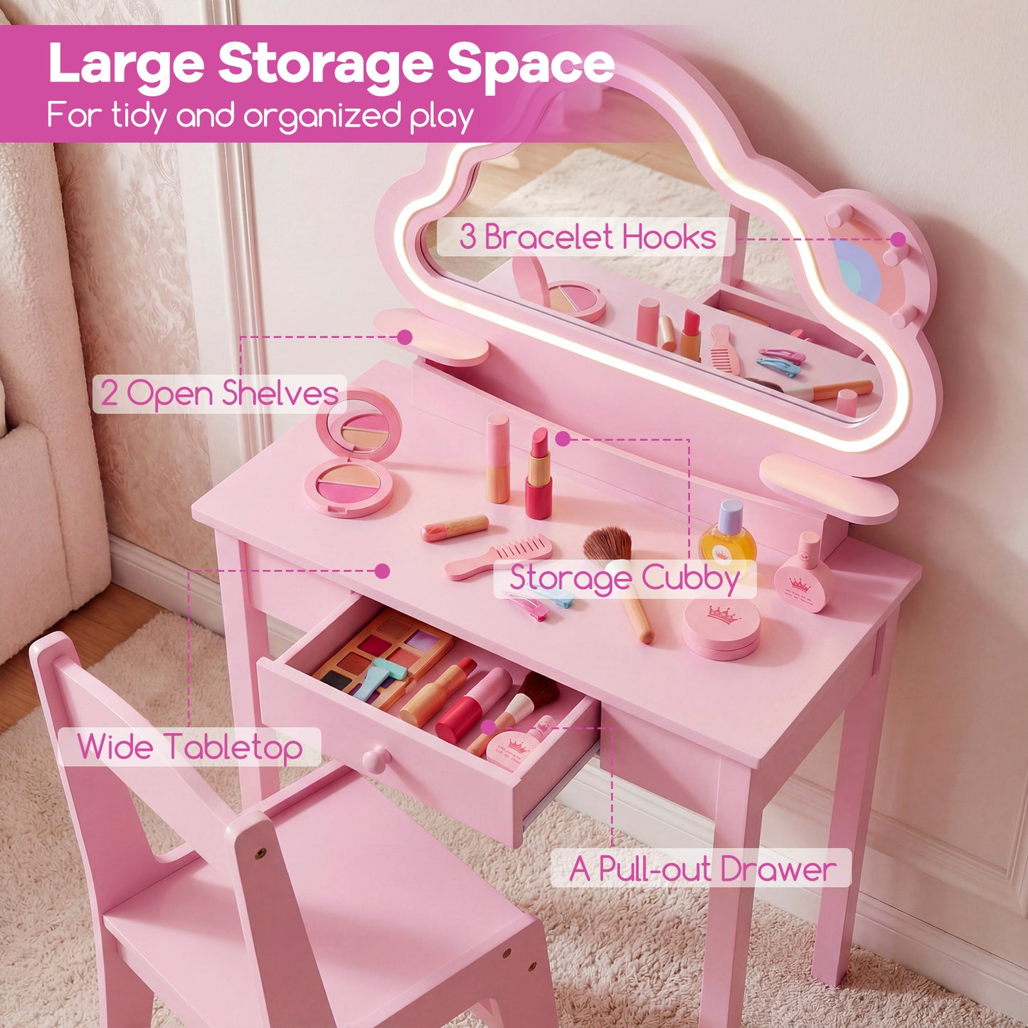 Costway Kinderschminktafel met Verlichting Kaptafel met Stoel Wolkenspiegel 3 Sieradenhaken Lade Planken Roze