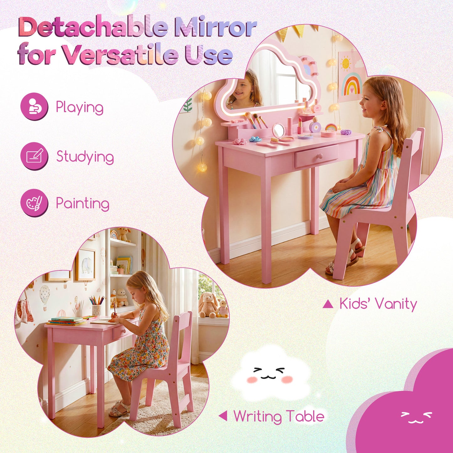 Costway Kinderschminktafel met Verlichting Kaptafel met Stoel Wolkenspiegel 3 Sieradenhaken Lade Planken Roze