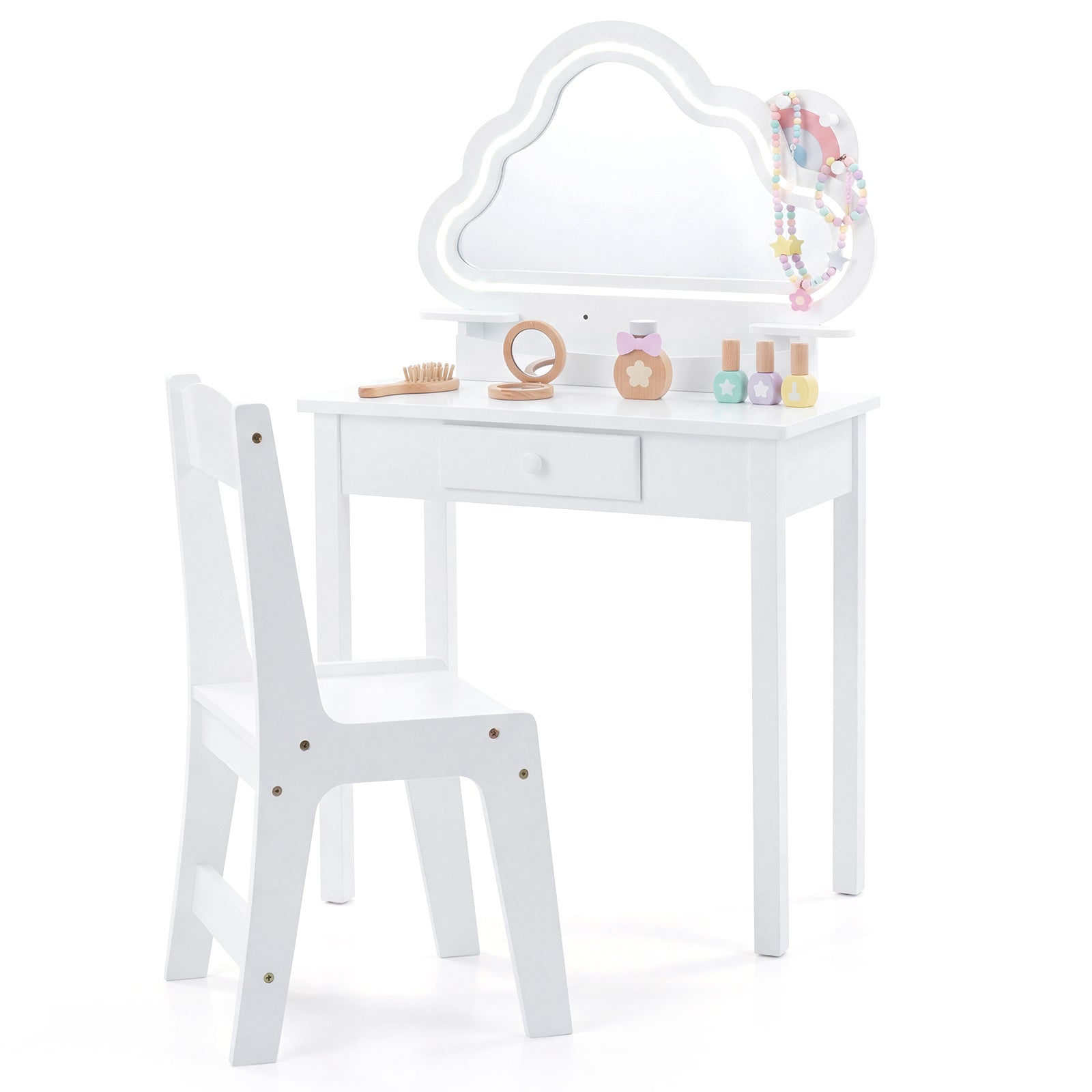 Costway Kinderschminktafel met Verlichting Kaptafel met Stoel Wolkenspiegel 3 Sieradenhaken Lade Planken Wit