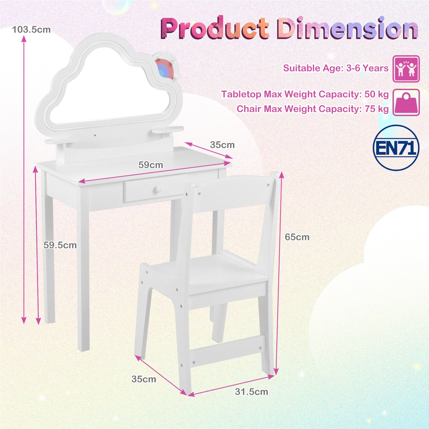 Costway Kinderschminktafel met Verlichting Kaptafel met Stoel Wolkenspiegel 3 Sieradenhaken Lade Planken Wit