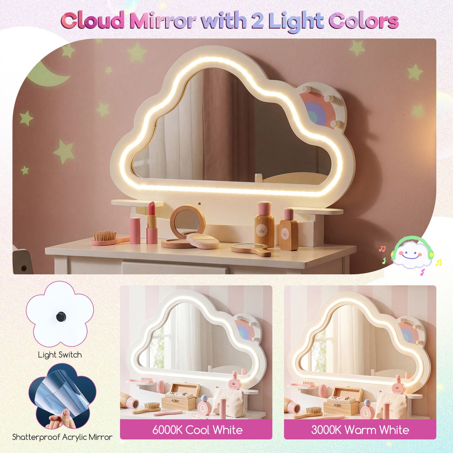 Costway Kinderschminktafel met Verlichting Kaptafel met Stoel Wolkenspiegel 3 Sieradenhaken Lade Planken Wit