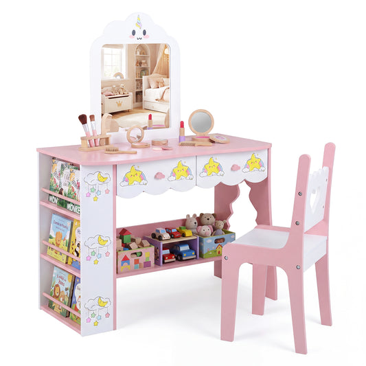 Costway Kinderschminktisch met Stoel & Wolkenvormige Spiegel Schminktisch met 2 Lades 3‑laagse Boekenplank & Open Opbergvak