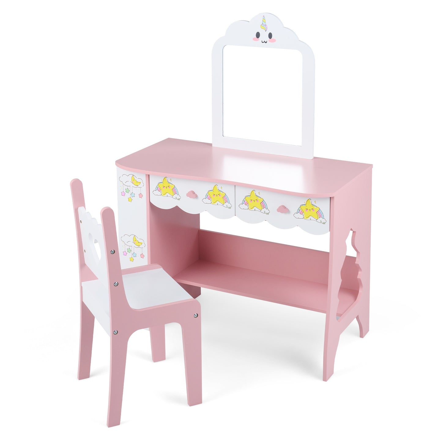 Costway Kinderschminktisch met Stoel & Wolkenvormige Spiegel Schminktisch met 2 Lades 3‑laagse Boekenplank & Open Opbergvak