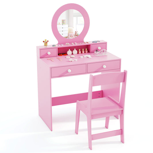 Costway Kinderschminktisch-Set met Spiegel Kaptafel en Stoel in Prinsessenmotief met Acrylspiegel Open Rek en 4 Lades Roze