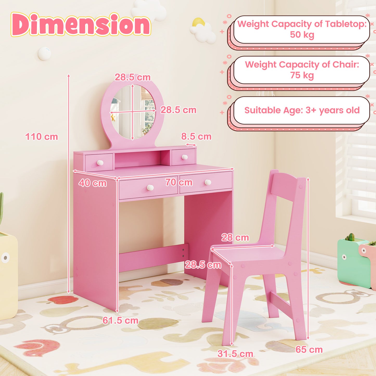Costway Kinderschminktisch-Set met Spiegel Kaptafel en Stoel in Prinsessenmotief met Acrylspiegel Open Rek en 4 Lades Roze