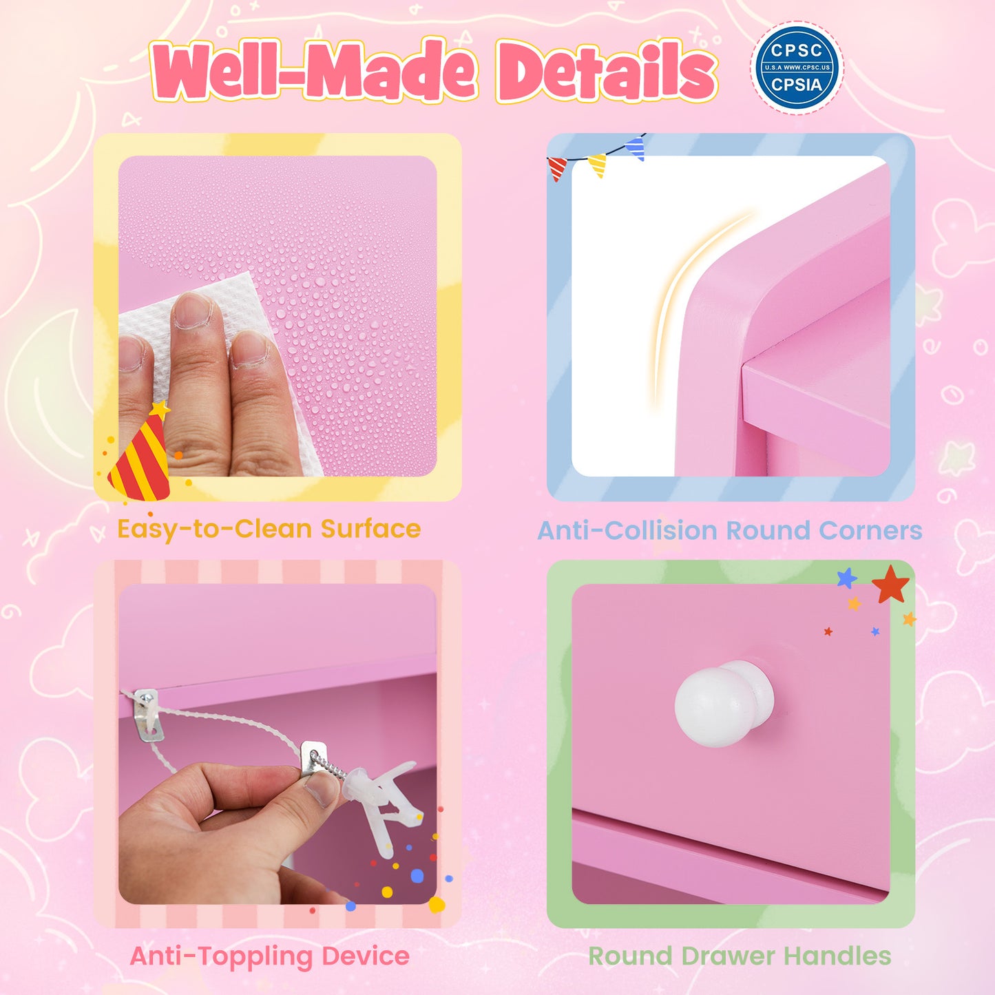 Costway Kinderschminktisch-Set met Spiegel Kaptafel en Stoel in Prinsessenmotief met Acrylspiegel Open Rek en 4 Lades Roze