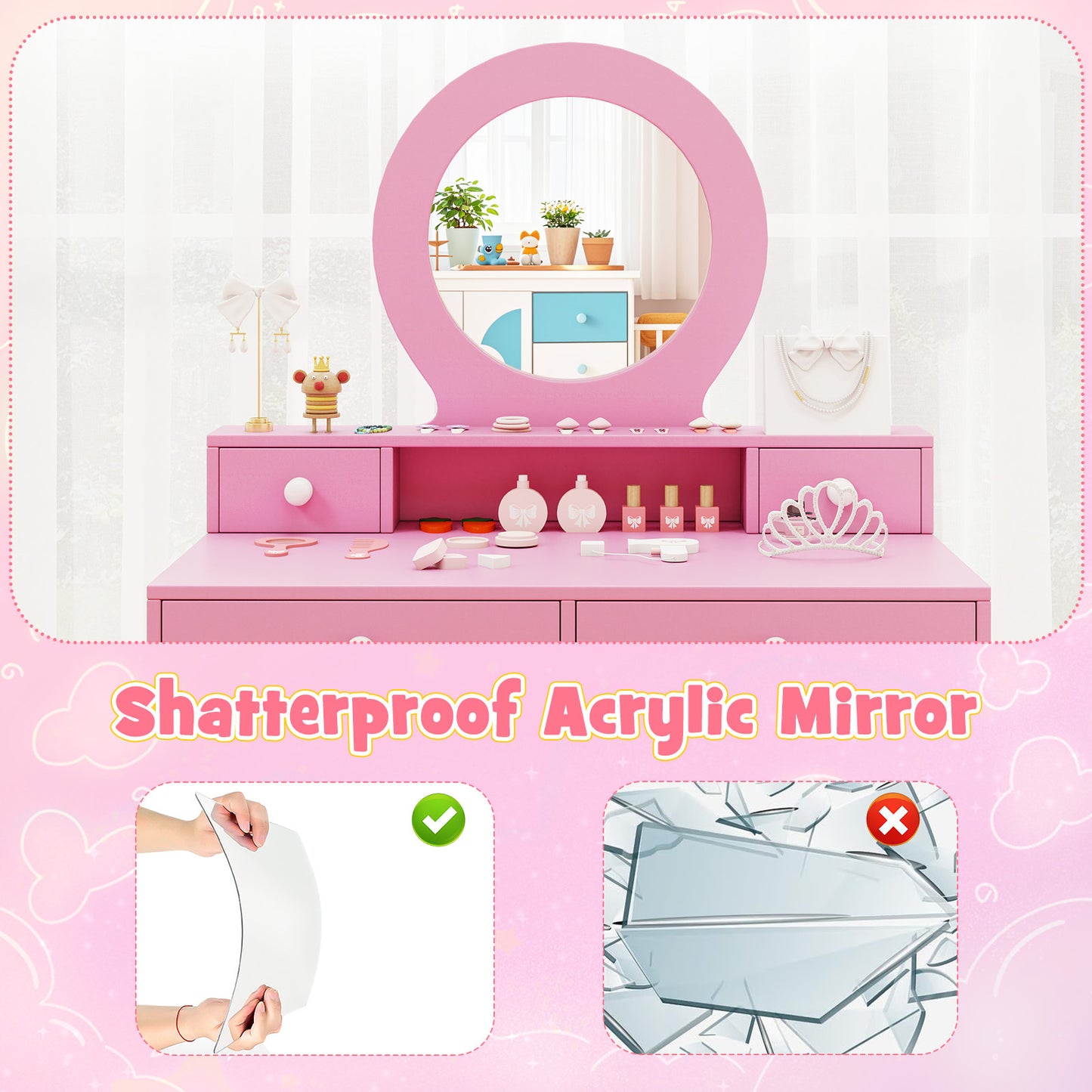Costway Kinderschminktisch-Set met Spiegel Kaptafel en Stoel in Prinsessenmotief met Acrylspiegel Open Rek en 4 Lades Roze