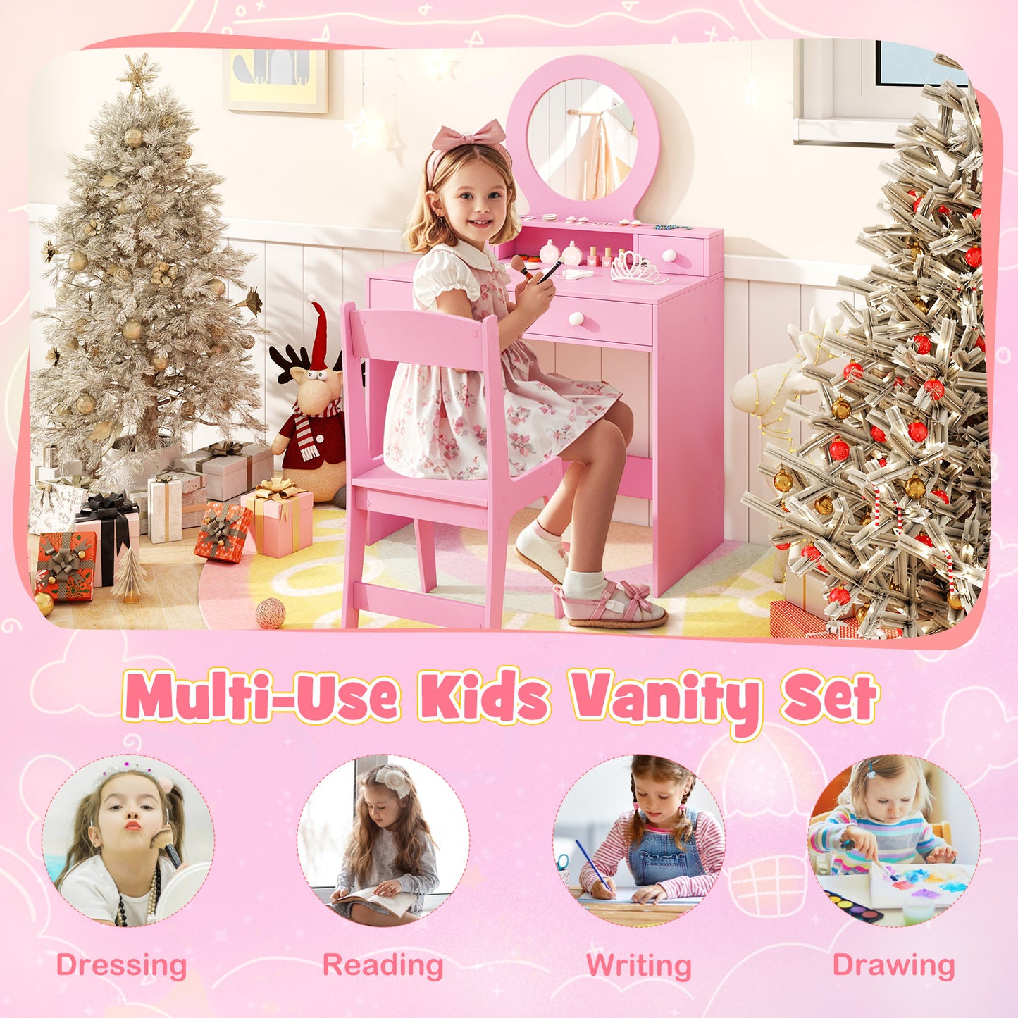 Costway Kinderschminktisch-Set met Spiegel Kaptafel en Stoel in Prinsessenmotief met Acrylspiegel Open Rek en 4 Lades Roze