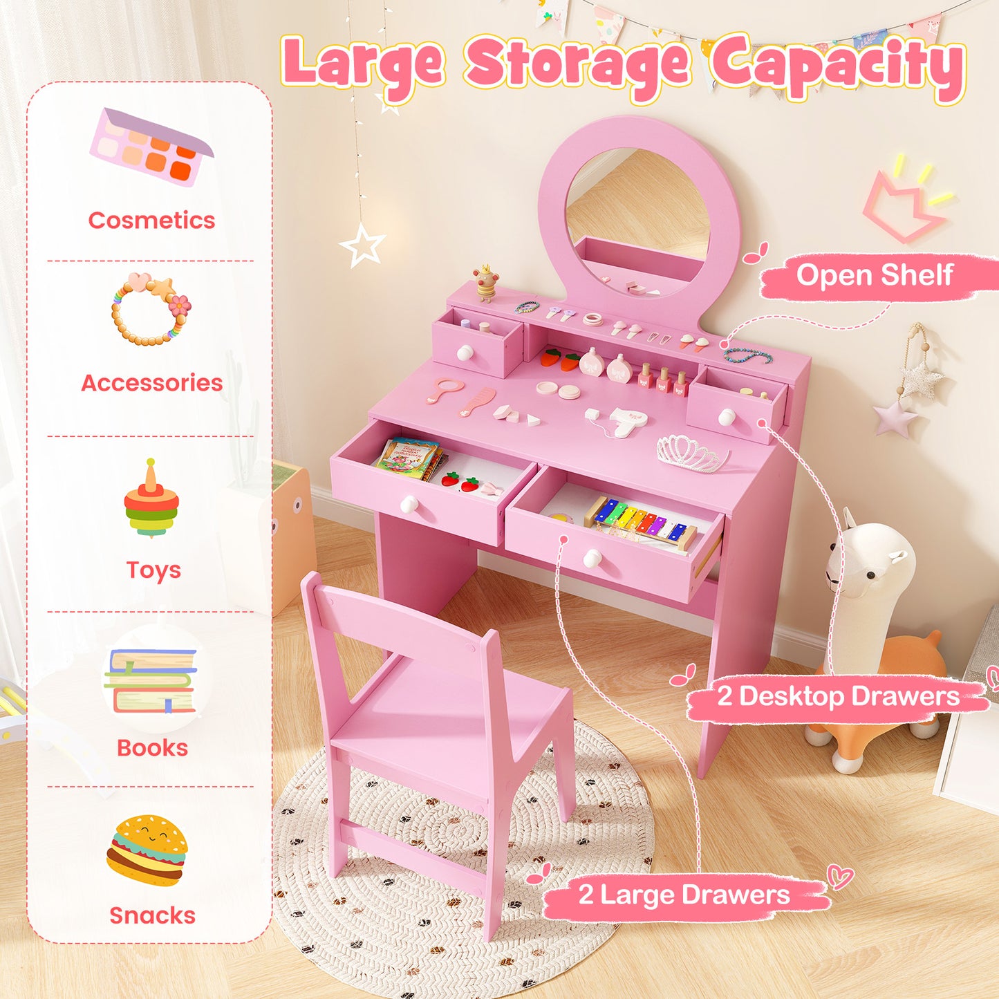 Costway Kinderschminktisch-Set met Spiegel Kaptafel en Stoel in Prinsessenmotief met Acrylspiegel Open Rek en 4 Lades Roze