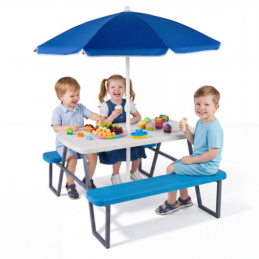 Costway Kinderset van HDPE Kinder Picknicktafel met 2 Banken en een in Hoogte Verstelbare en Afneembare Parasol
