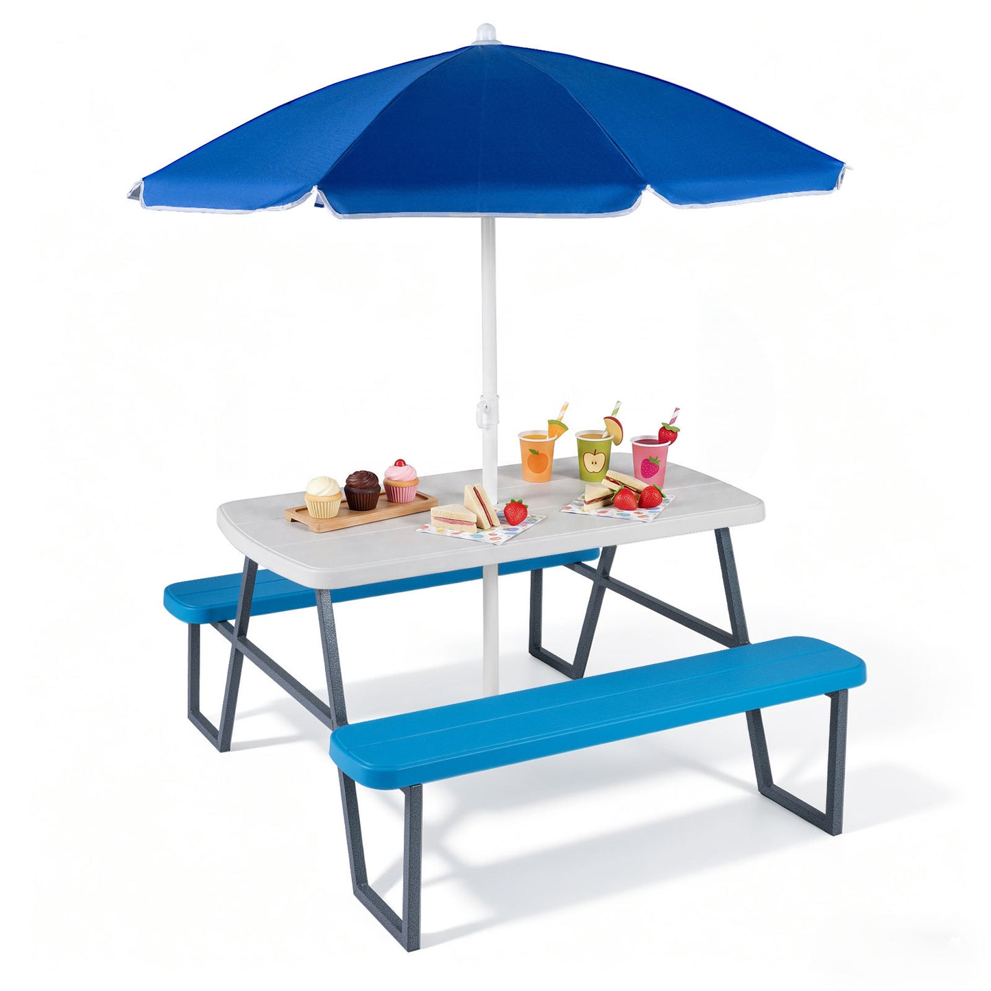 Costway Kinderset van HDPE Kinder Picknicktafel met 2 Banken en een in Hoogte Verstelbare en Afneembare Parasol