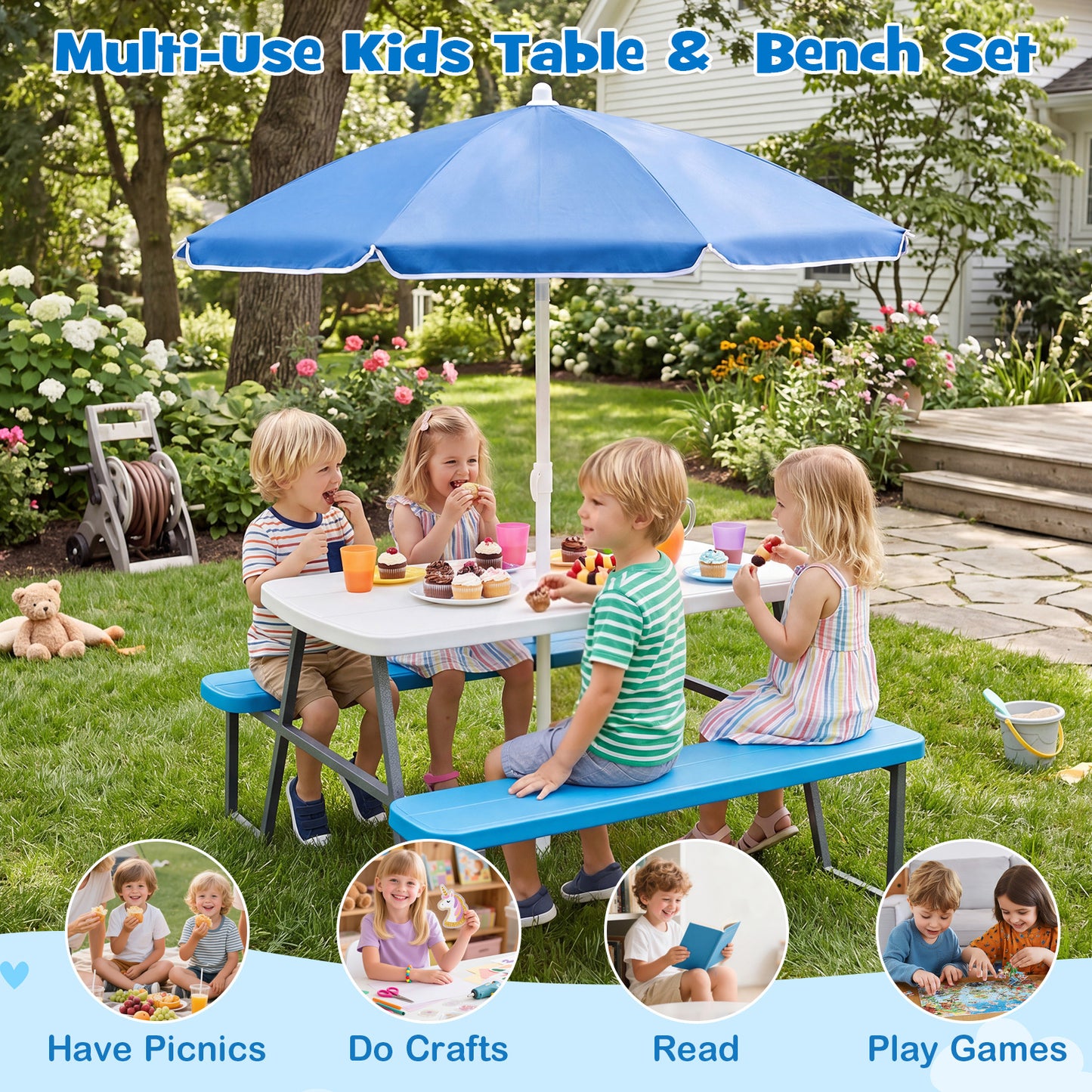 Costway Kinderset van HDPE Kinder Picknicktafel met 2 Banken en een in Hoogte Verstelbare en Afneembare Parasol