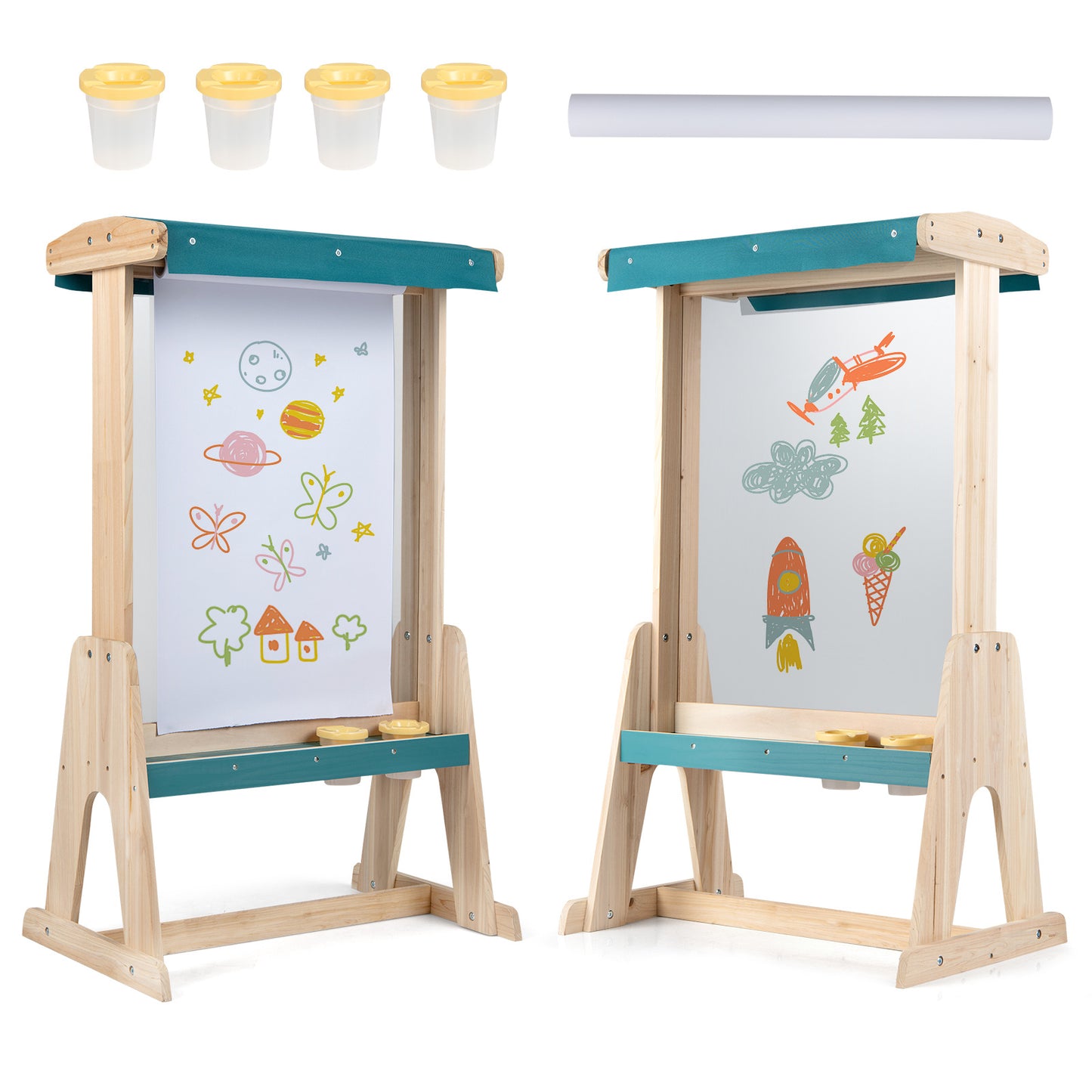 Costway Kinderstaander van Hout Staander met Dubbelzijdige Transparante Schilderplaat en Zonnescherm Kunststaander