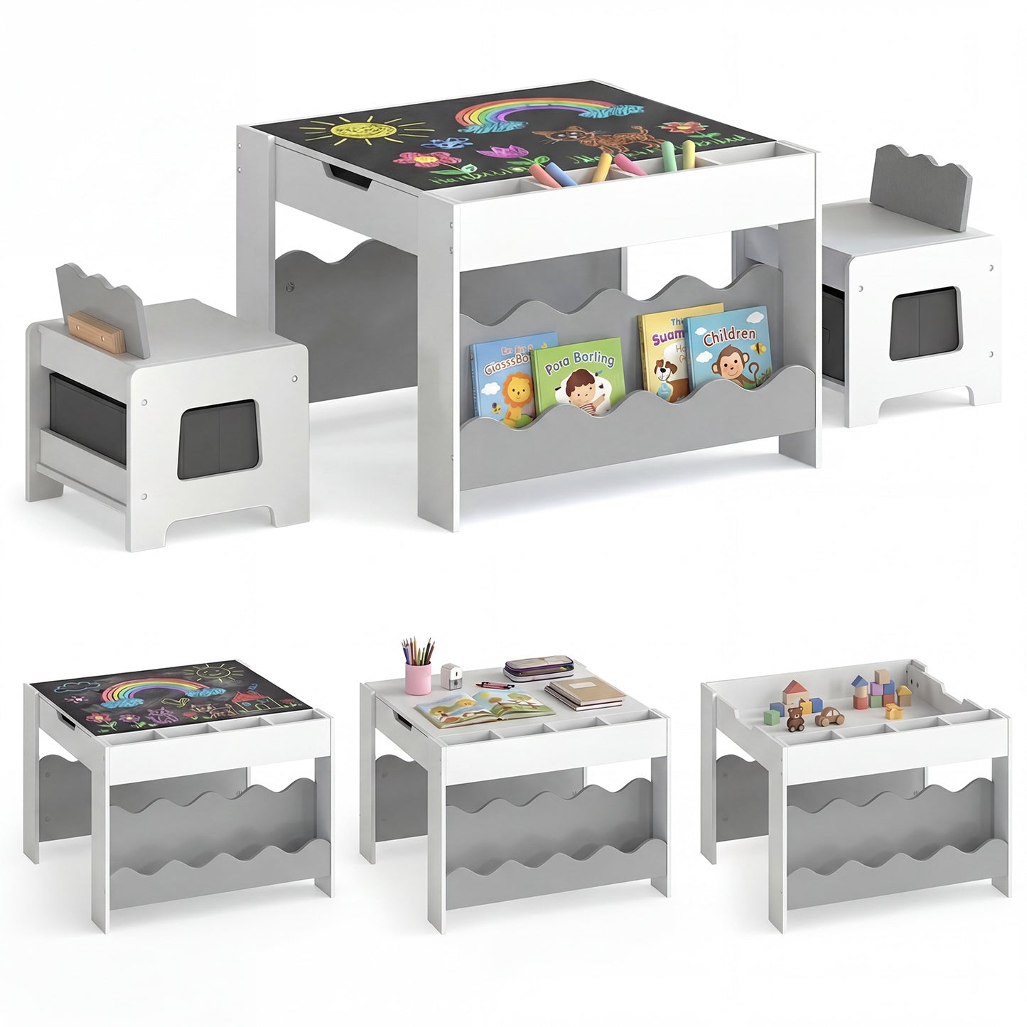 Costway Kindertafel met 2 Stoelen 3-Delige Houten Kinderset met Omkeerbaar en Afneembaar Tafelblad Grijs