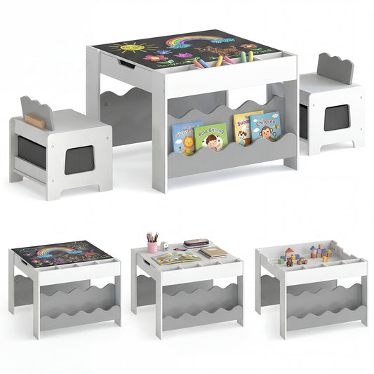 Costway Kindertafel met 2 Stoelen 3-Delige Houten Kinderset met Omkeerbaar en Afneembaar Tafelblad Grijs