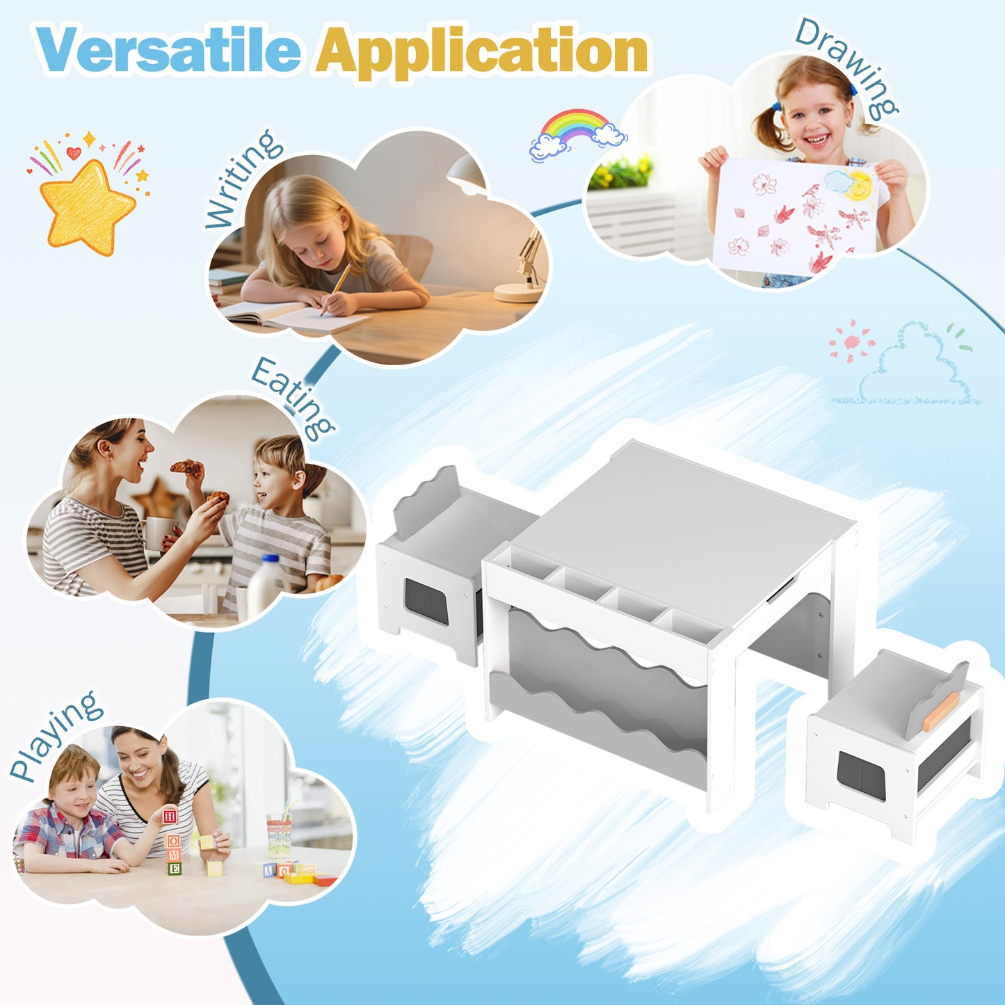 Costway Kindertafel met 2 Stoelen 3-Delige Houten Kinderset met Omkeerbaar en Afneembaar Tafelblad Grijs