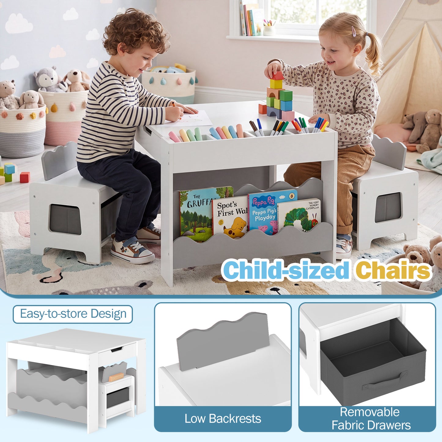 Costway Kindertafel met 2 Stoelen 3-Delige Houten Kinderset met Omkeerbaar en Afneembaar Tafelblad Grijs