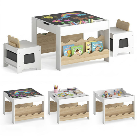 Costway Kindertafel met 2 Stoelen 3-Delige Houten Kinderset met Omkeerbaar en Afneembaar Tafelblad Naturel