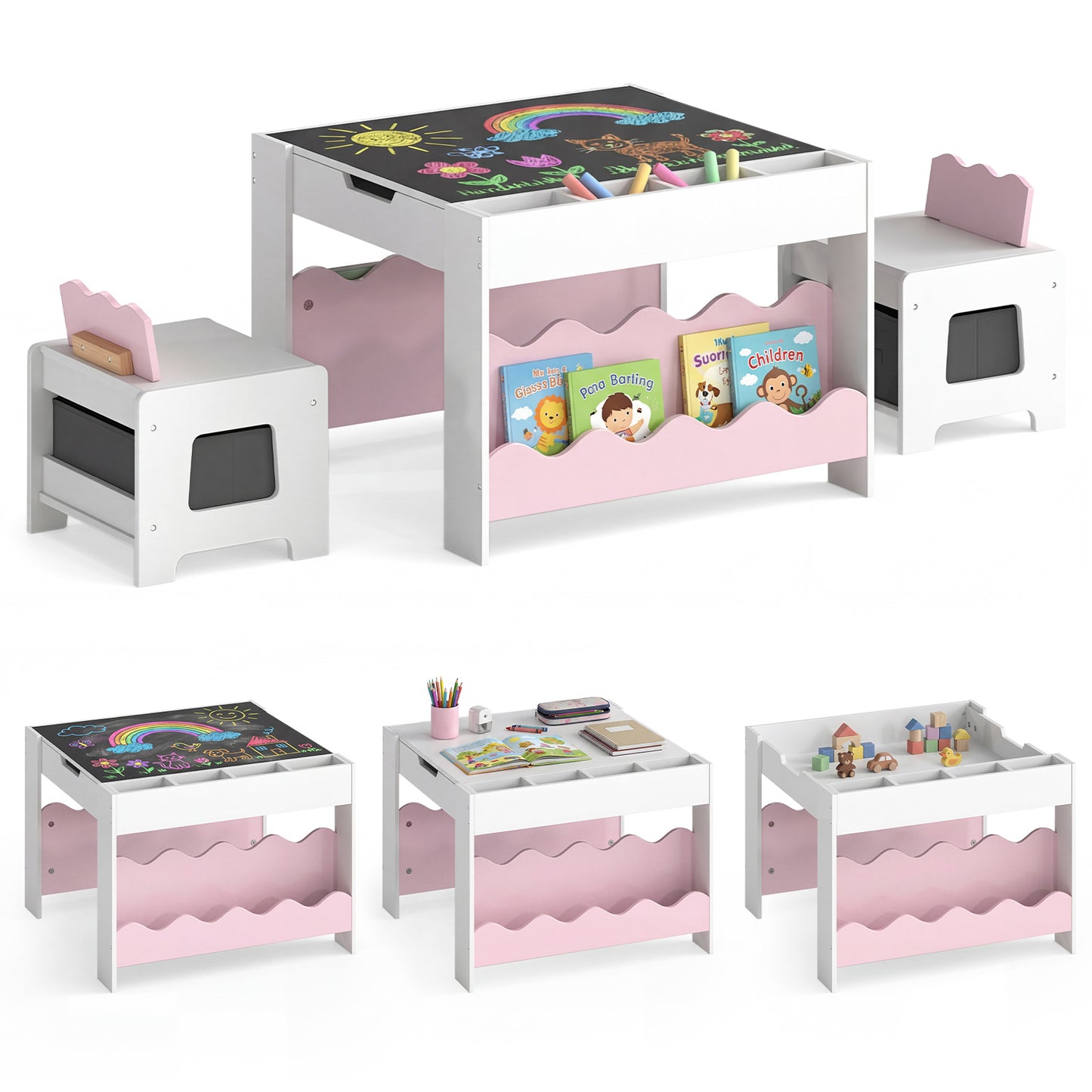 Costway Kindertafel met 2 Stoelen 3-Delige Houten Kinderset met Omkeerbaar en Afneembaar Tafelblad Roze