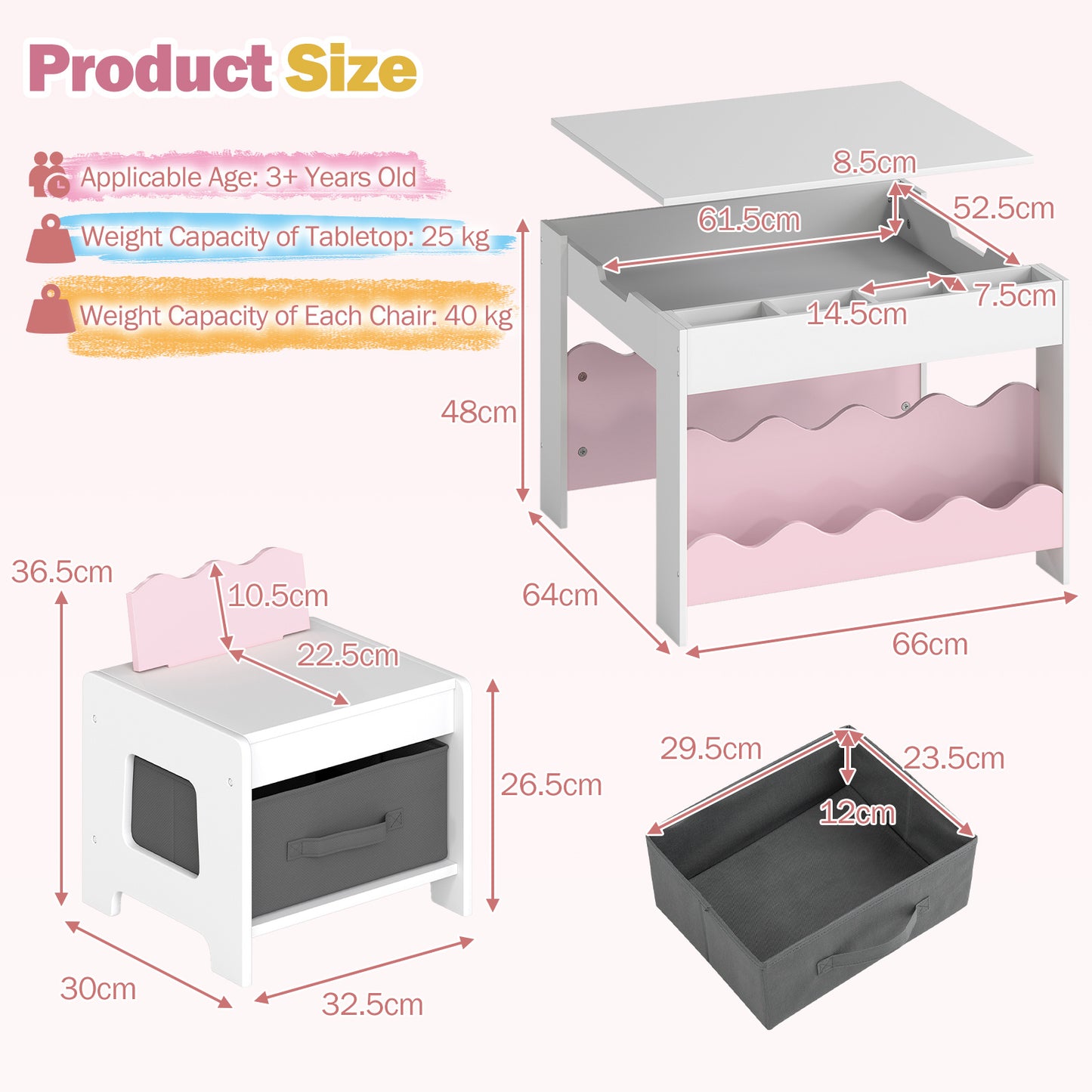 Costway Kindertafel met 2 Stoelen 3-Delige Houten Kinderset met Omkeerbaar en Afneembaar Tafelblad Roze