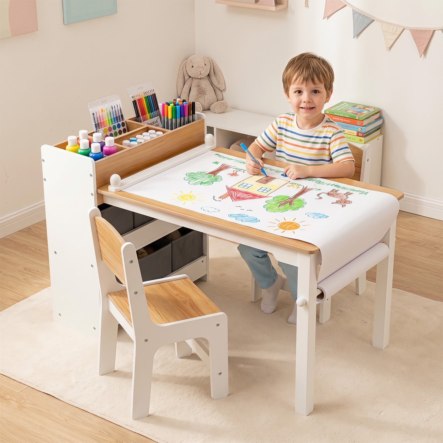 Costway Kindertafel met 2 Stoelen 4 Vakken 6 Stoffen Manden en Papierrol Natuur