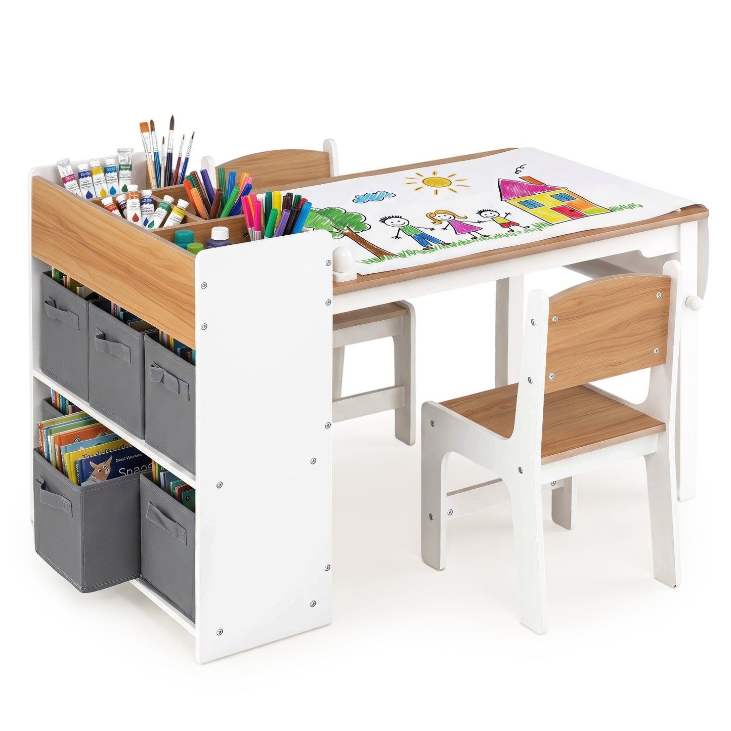 Costway Kindertafel met 2 Stoelen 4 Vakken 6 Stoffen Manden en Papierrol Natuur