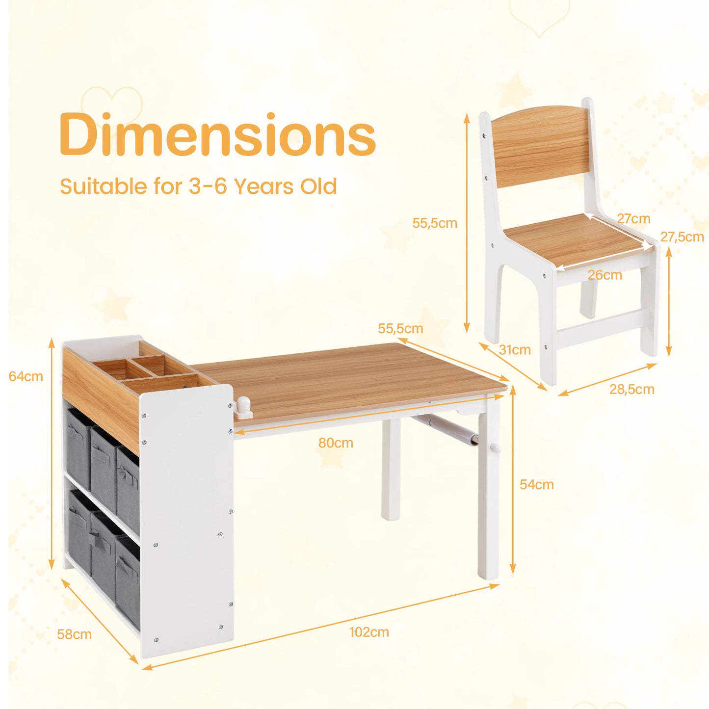 Costway Kindertafel met 2 Stoelen 4 Vakken 6 Stoffen Manden en Papierrol Natuur