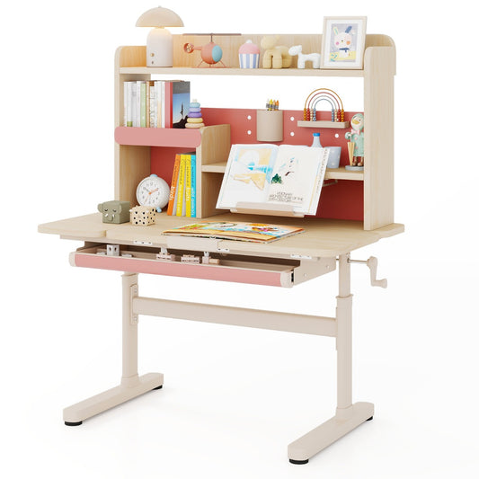 Costway Kindertafel met Rek en Lade in Hoogte Verstelbaar Bureau voor Leerlingen met Kantelbare Tafelblad in Roze