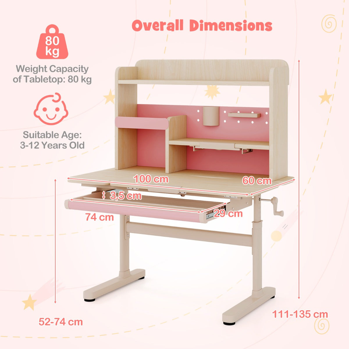 Costway Kindertafel met Rek en Lade in Hoogte Verstelbaar Bureau voor Leerlingen met Kantelbare Tafelblad in Roze