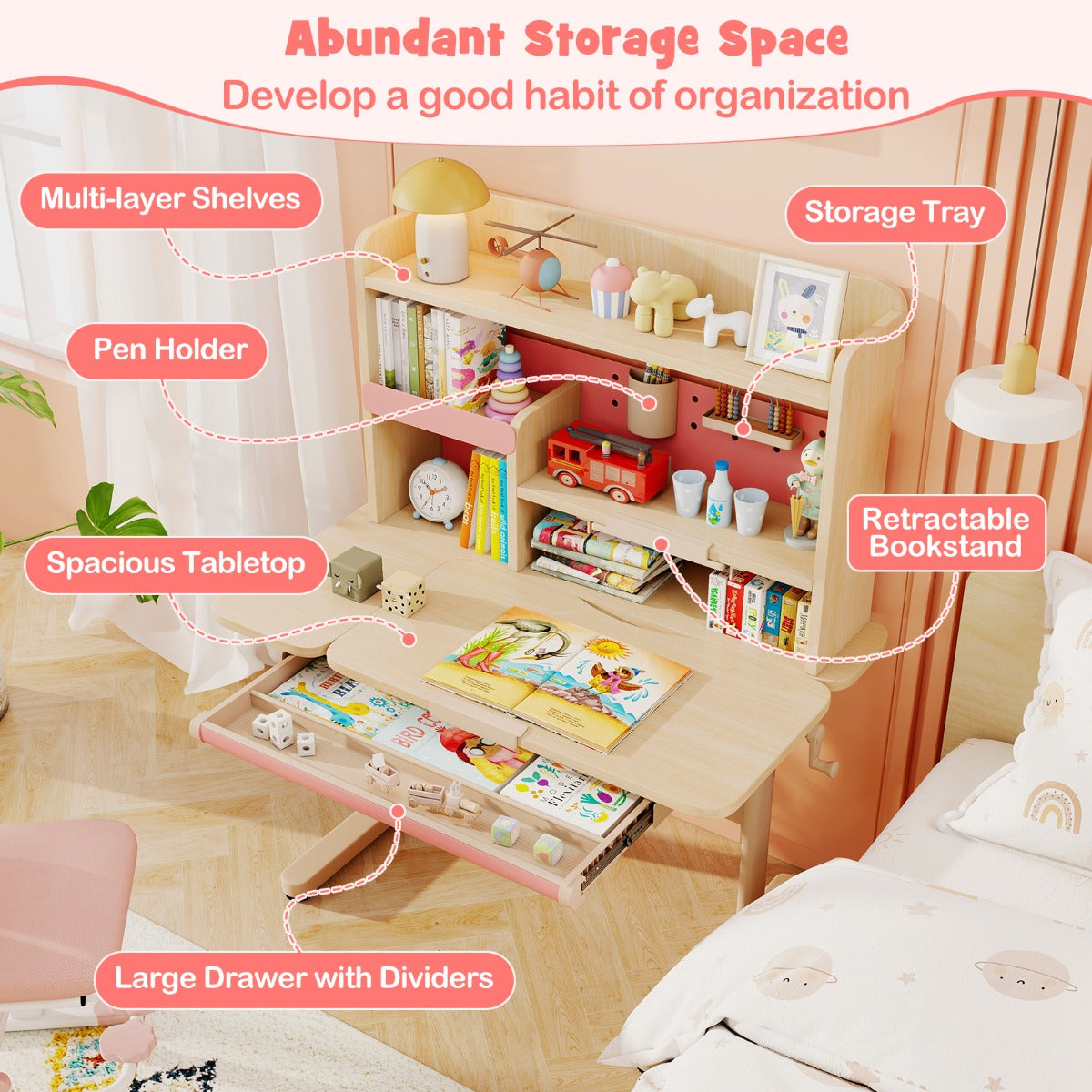 Costway Kindertafel met Rek en Lade in Hoogte Verstelbaar Bureau voor Leerlingen met Kantelbare Tafelblad in Roze