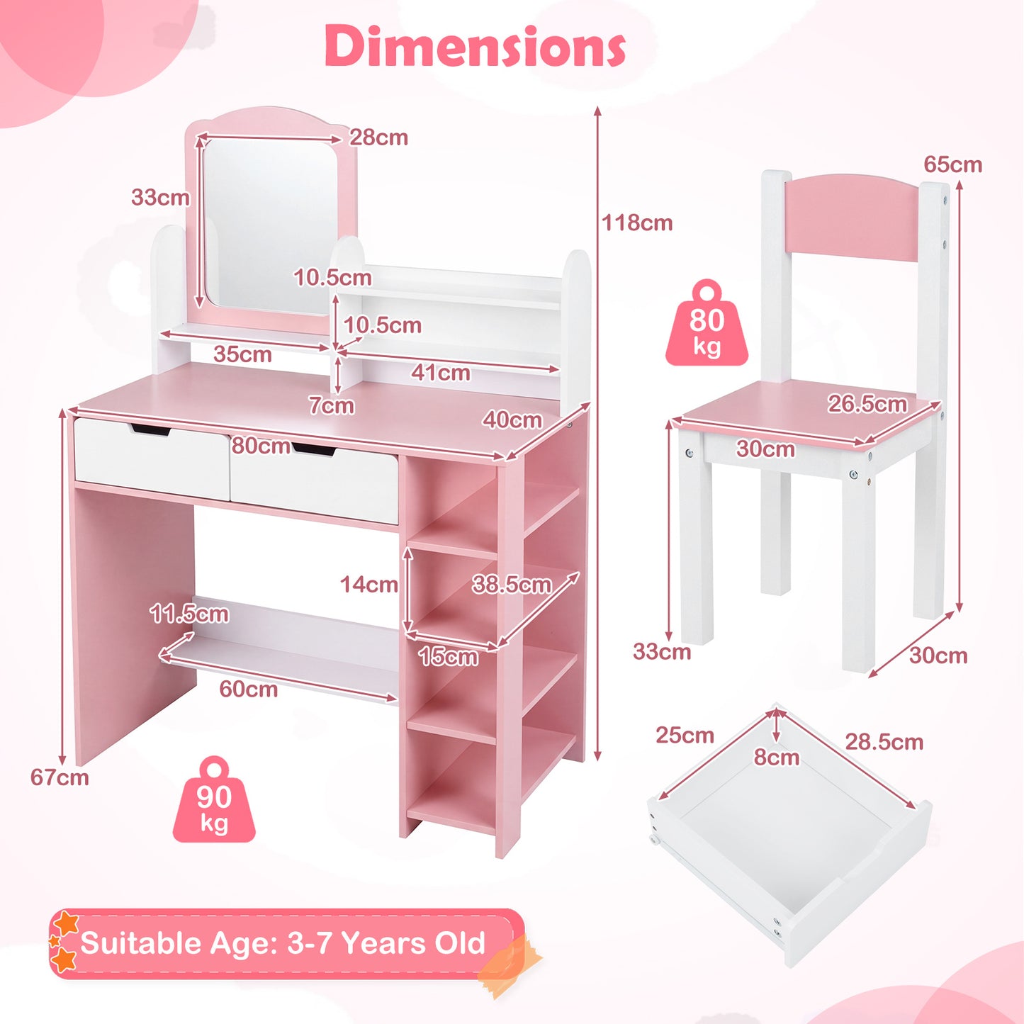 Costway Kindertafel met Spiegel en Kruk Cosmeticatafel met Planken en 2 Lades Prinsessen Kinderschminktisch Set