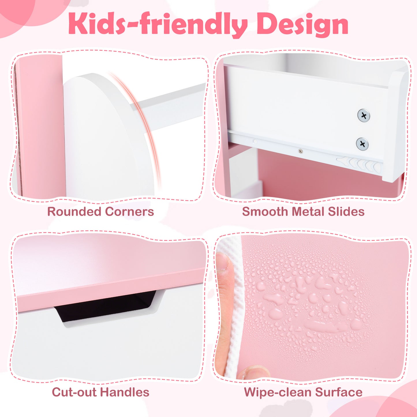 Costway Kindertafel met Spiegel en Kruk Cosmeticatafel met Planken en 2 Lades Prinsessen Kinderschminktisch Set