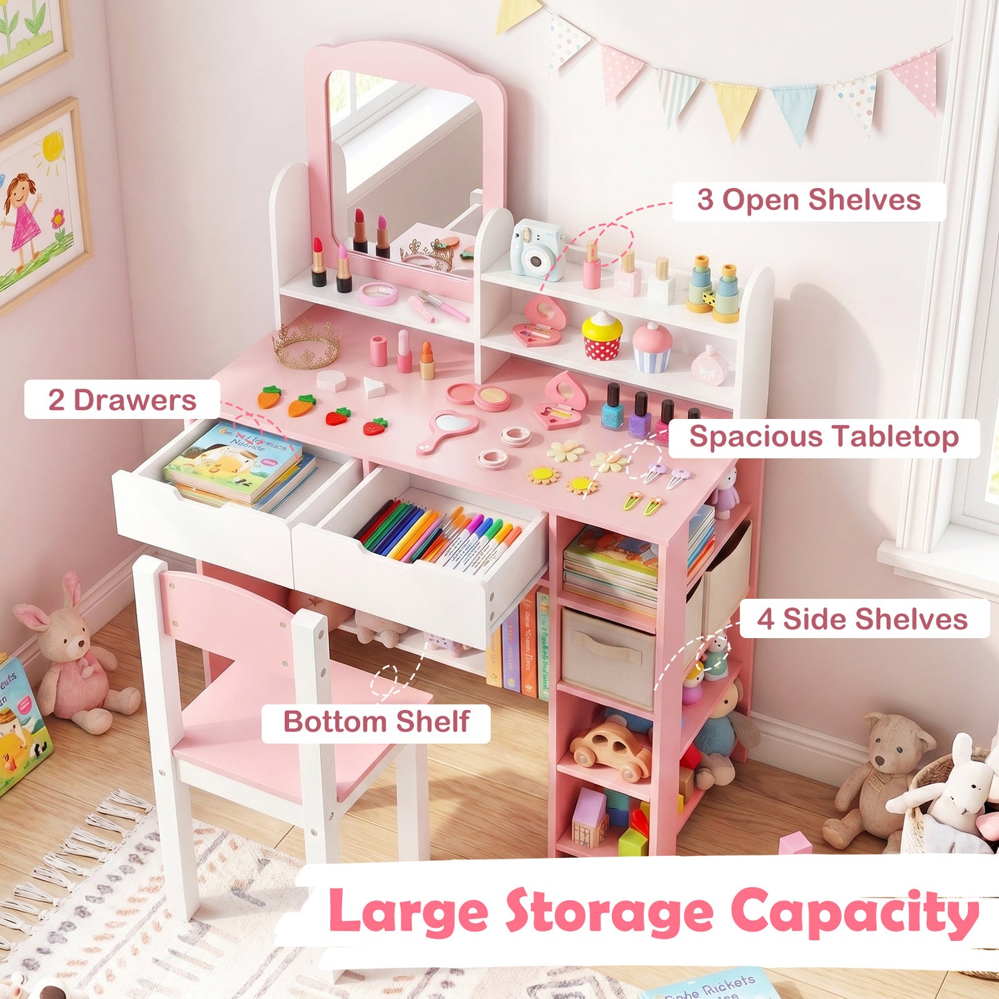Costway Kindertafel met Spiegel en Kruk Cosmeticatafel met Planken en 2 Lades Prinsessen Kinderschminktisch Set