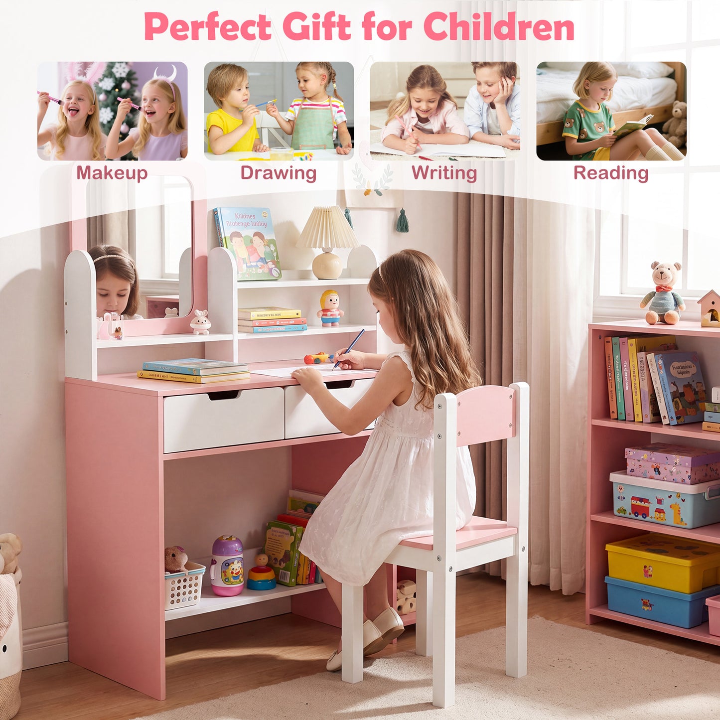 Costway Kindertafel met Spiegel en Kruk Cosmeticatafel met Planken en 2 Lades Prinsessen Kinderschminktisch Set