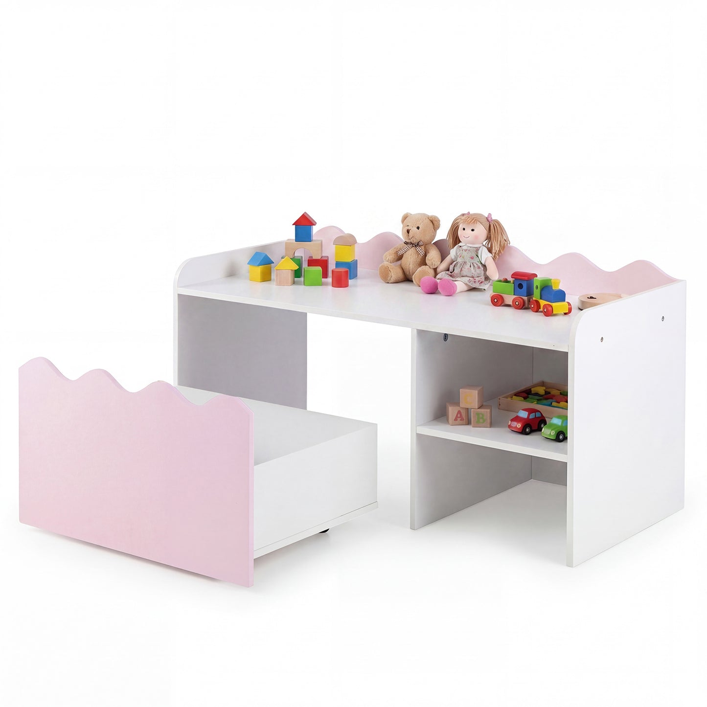 Costway Kindertafel van Hout Activiteitstafel met Brede Tafelblad & Rek Kinderbank op Wielen Rollende Opbergdoos Roze
