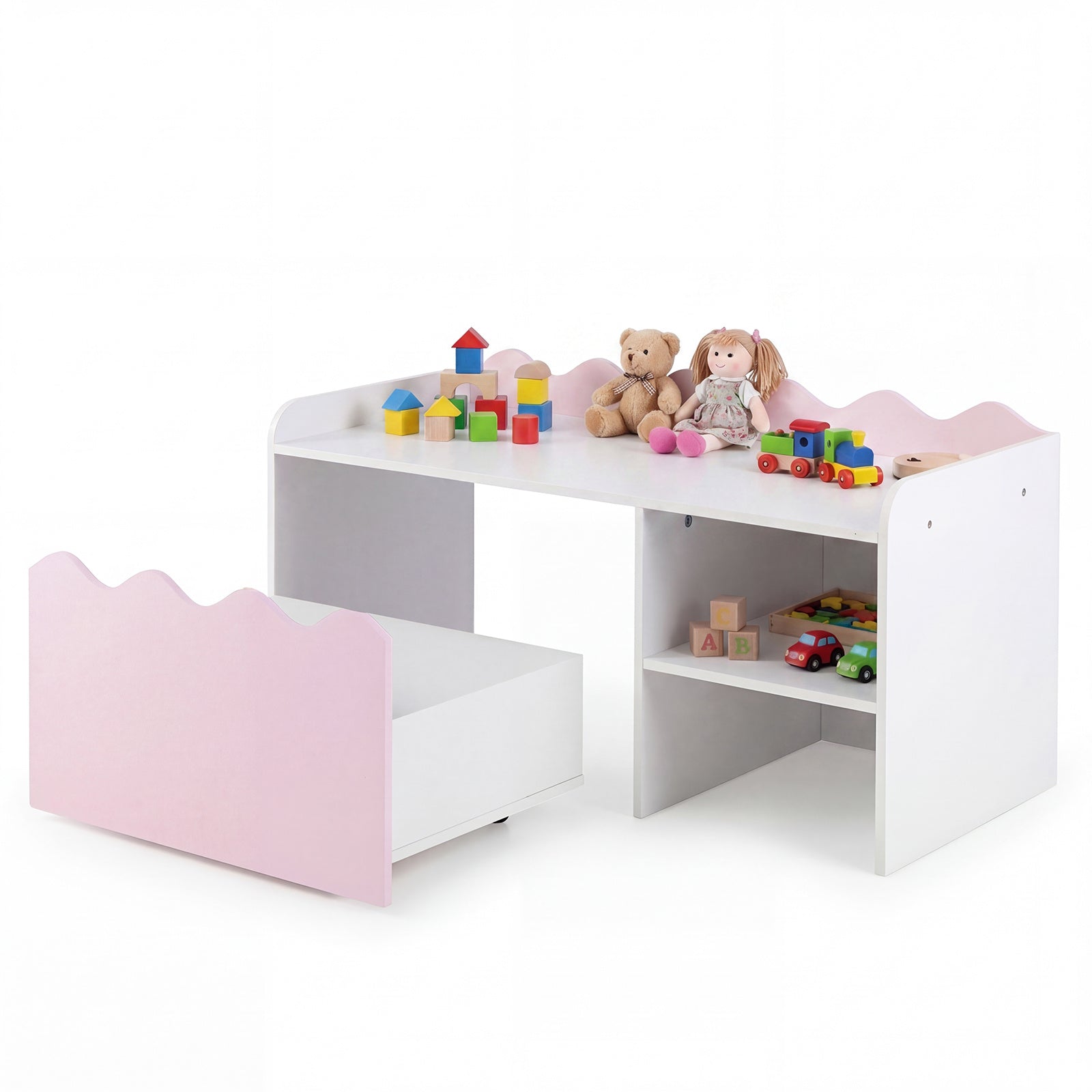Costway Kindertafel van Hout Activiteitstafel met Brede Tafelblad & Rek Kinderbank op Wielen Rollende Opbergdoos Roze